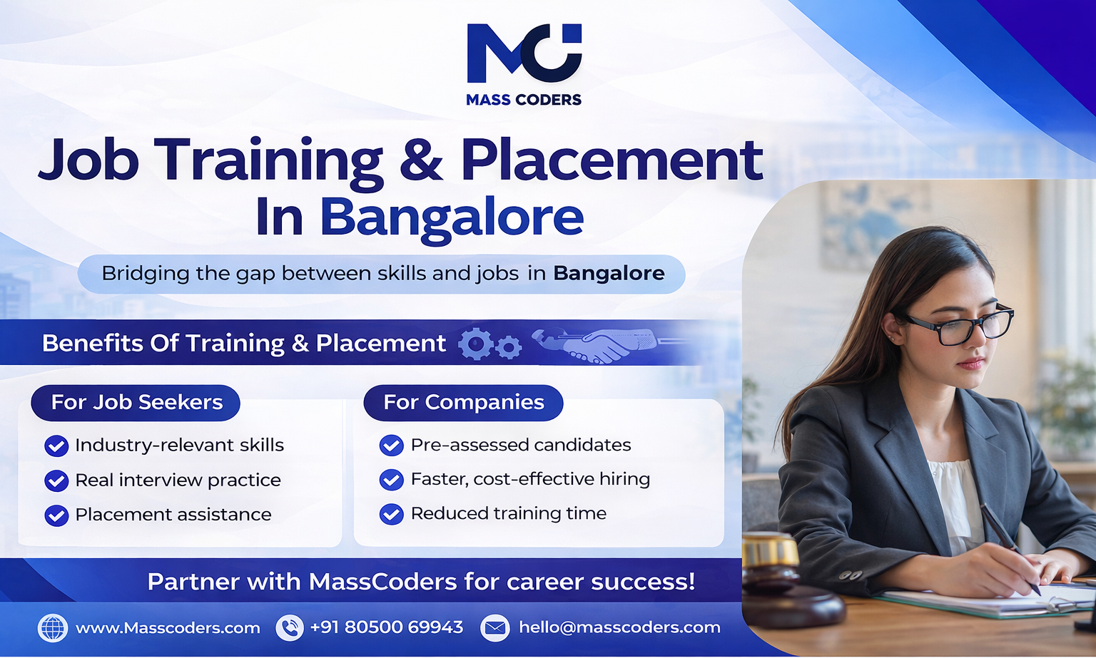 Landscape banner illustrating job training and placement services in Bengaluru, showing benefits for job seekers and companies with a professional office setting and MassCoders branding.
